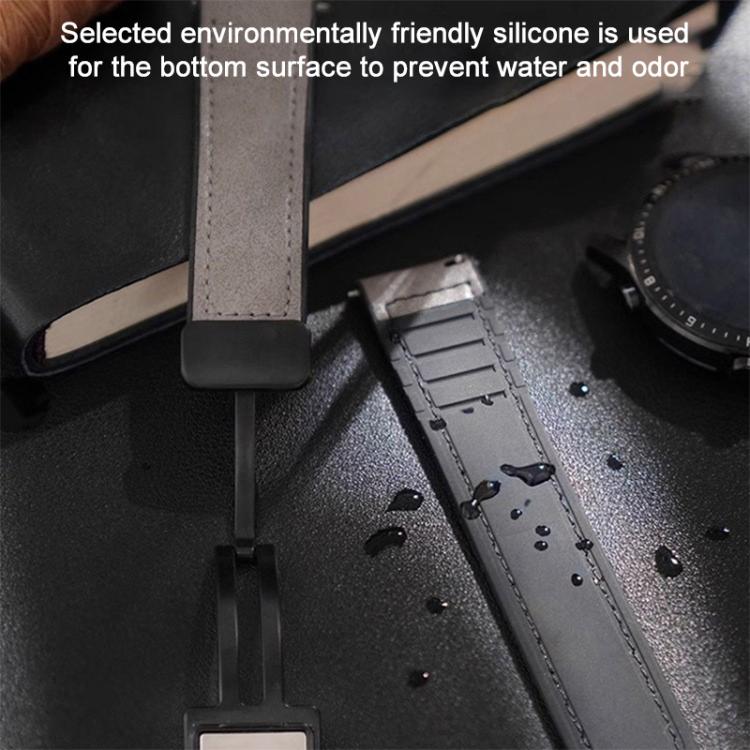 Taupe watch band showing its silicone underside and magnetic buckle