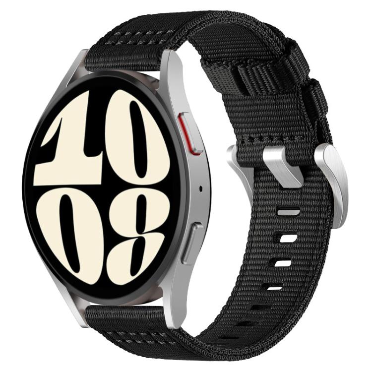 Black nylon watch band with a silver smartwatch