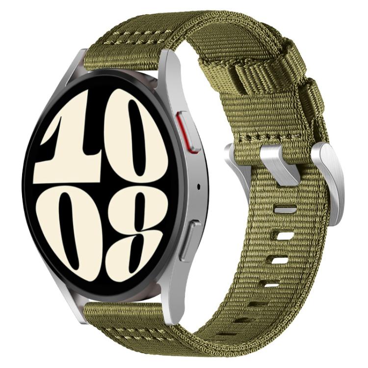 Olive green nylon watch band with a silver smartwatch