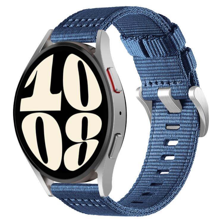 Blue nylon watch band with a silver smartwatch