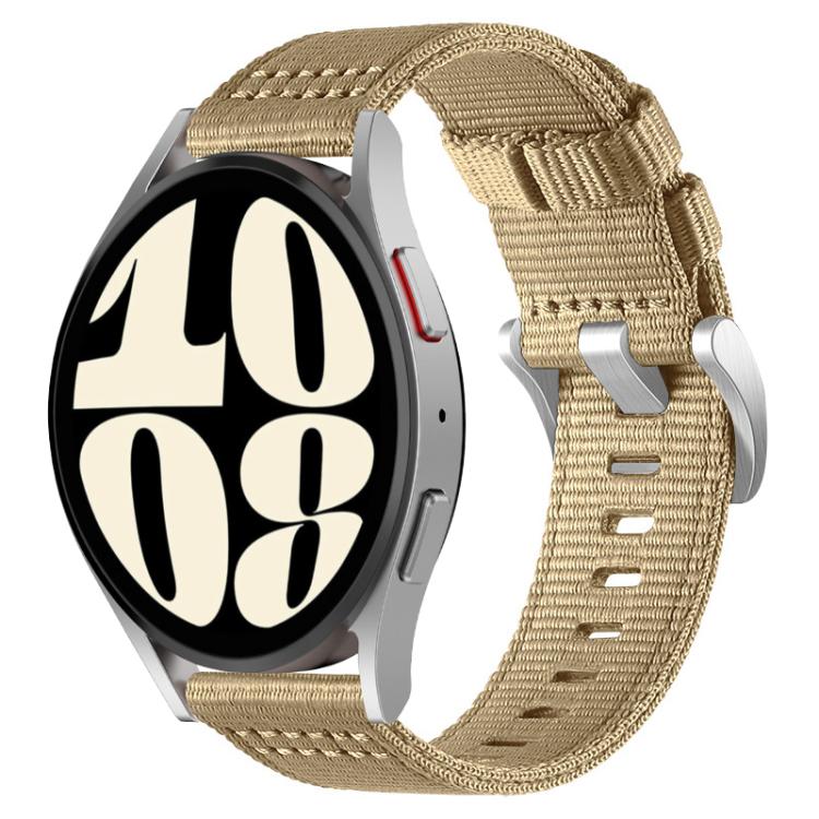 Khaki nylon watch band with a silver smartwatch