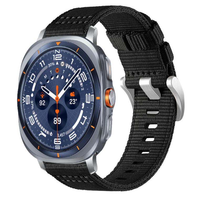 Black two-section nylon watch band with metal hooks, shown on a silver smartwatch