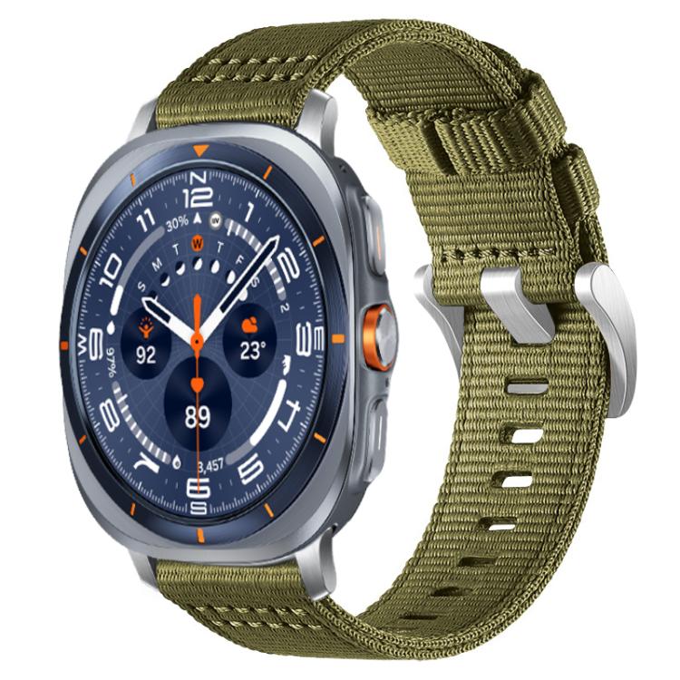 Olive green nylon watch band with a silver smartwatch