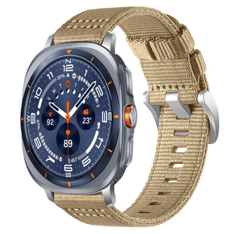 Khaki two-section nylon watch band with metal hooks, shown on a silver smartwatch