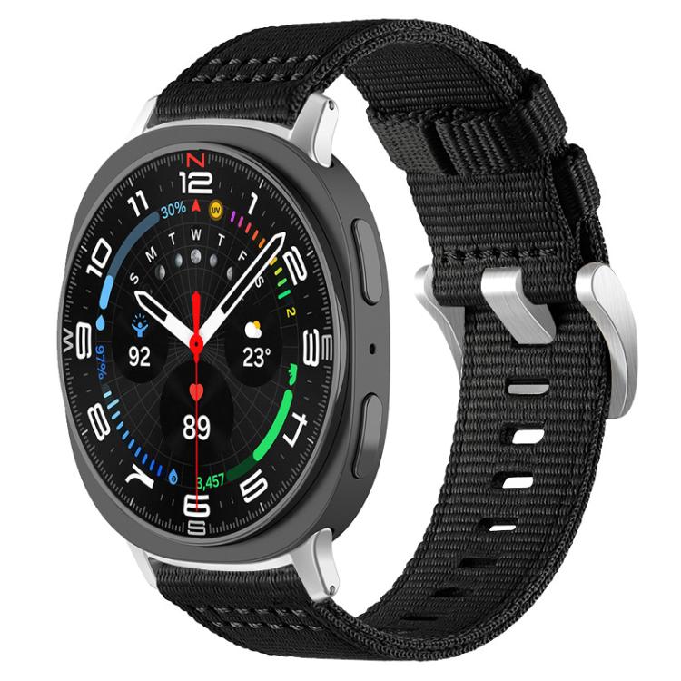 Black two-section nylon watch band with metal hooks, shown on a dark smartwatch