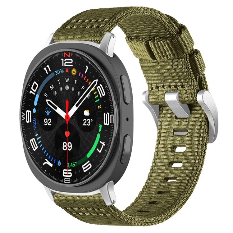 Army green two-section nylon watch band with metal hooks, shown on a dark smartwatch