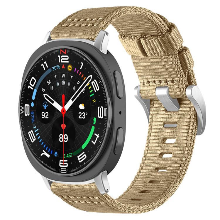 Khaki nylon watch band with a black smartwatch