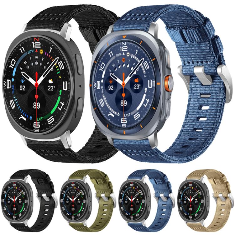Black and blue nylon watch bands shown on smartwatches