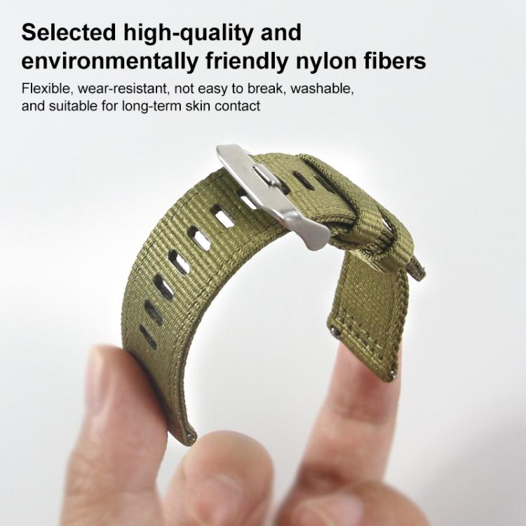 Olive green nylon watch band with adjustable holes and metal clasp