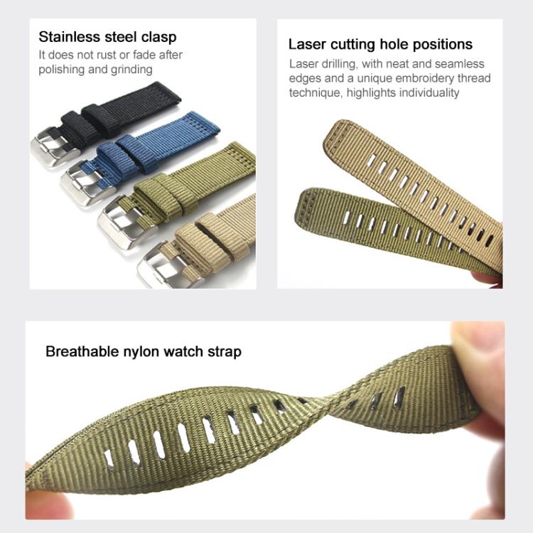 Nylon watch bands showing steel clasps, adjustment holes, and flexible weave
