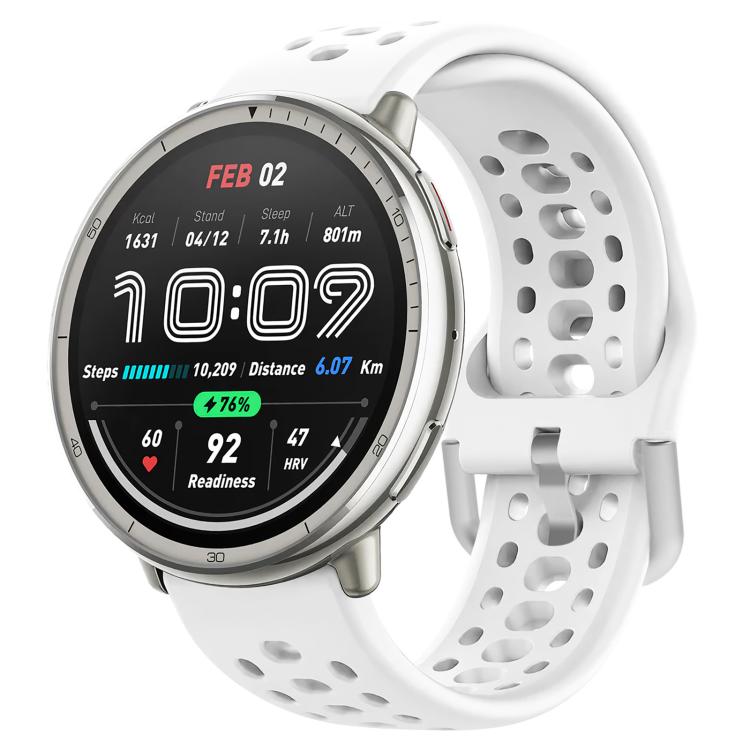 White perforated silicone sport watch band shown fitted to a silver smartwatch