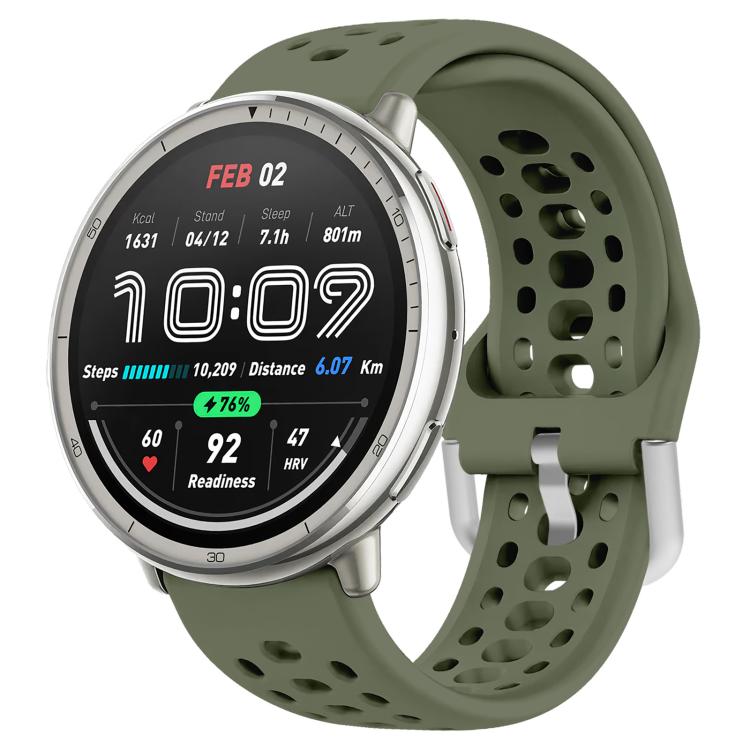 Olive green perforated silicone sport watch band fitted to a silver smartwatch