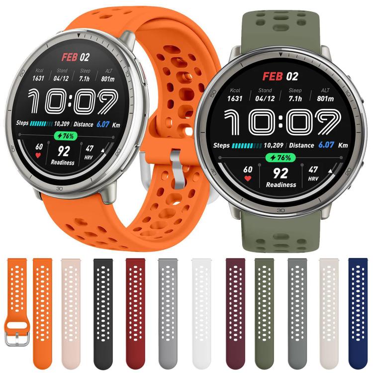 20mm silicone sport watch bands shown in multiple colors with perforated straps and silver buckles