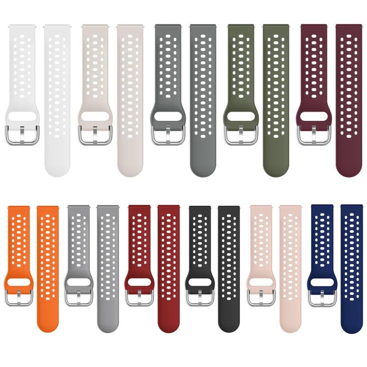 Perforated silicone watch band pairs in assorted colors with silver buckles