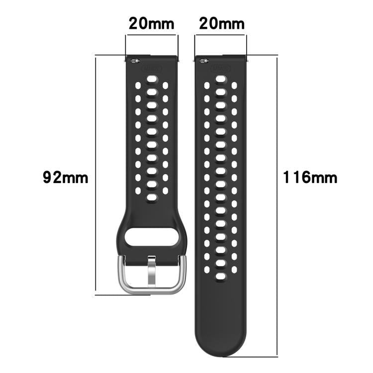 Black 20mm silicone sport watch band with silver buckle; strap lengths are 92mm and 116mm