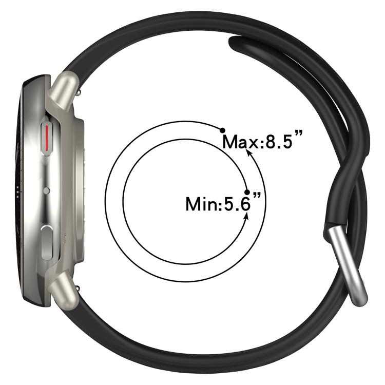 Black silicone watch band shown fitted to a watch, sized for 5.6 to 8.5 inch wrists