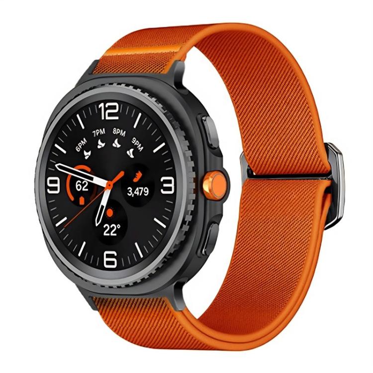 Orange elastic nylon watch band shown on a black smartwatch