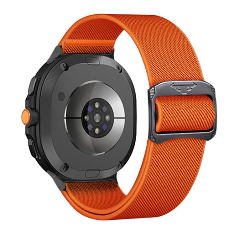Orange elastic nylon watch band with buckle, shown on a smartwatch back