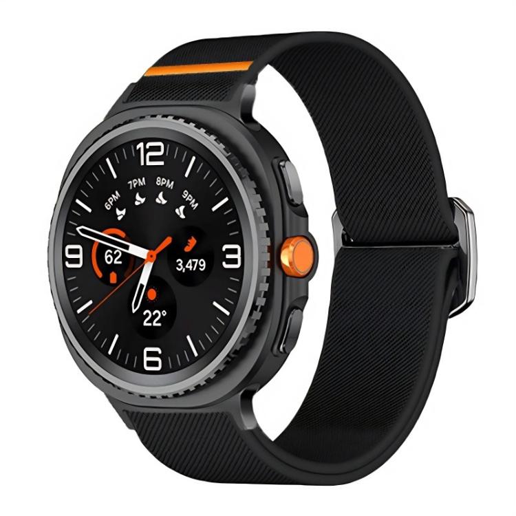 Black elastic nylon watch band shown on a black smartwatch
