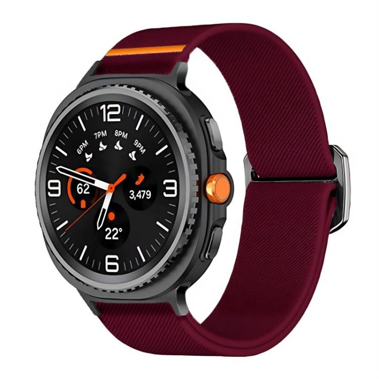 Burgundy elastic nylon watch band shown on a black smartwatch