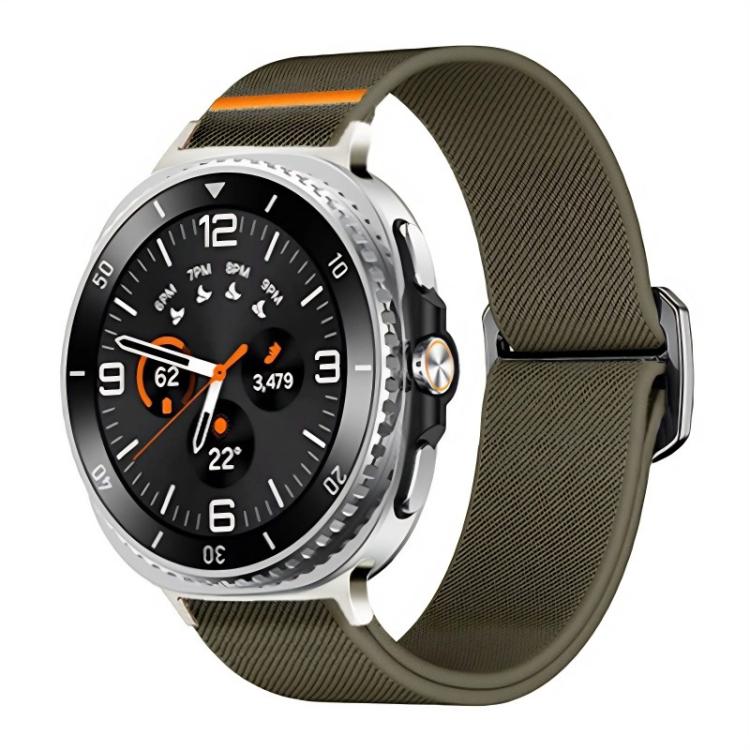 Olive green elastic nylon watch band shown on a silver smartwatch