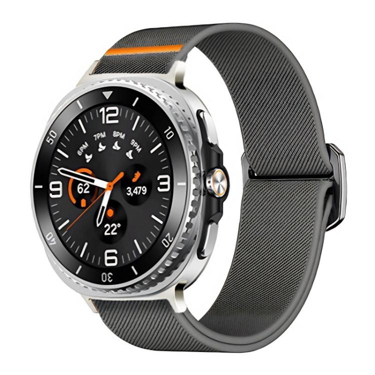 Dark gray elastic nylon watch band shown on a silver smartwatch
