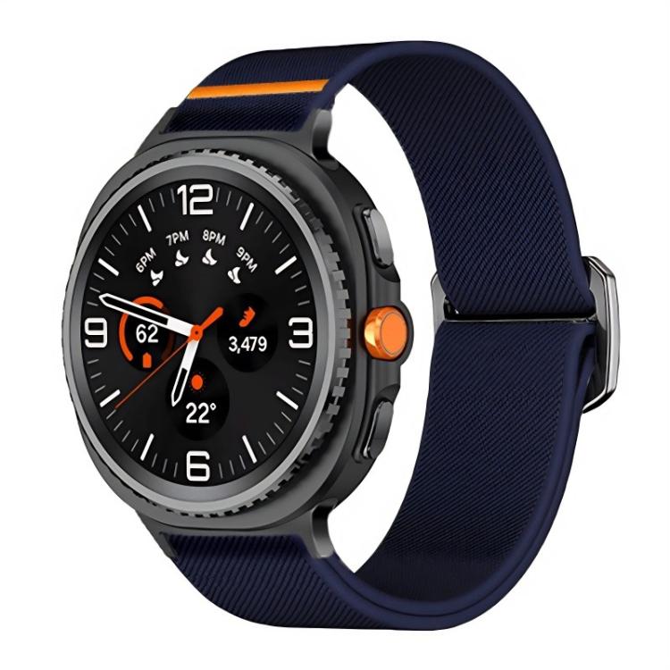 Dark blue elastic nylon watch band shown on a black smartwatch