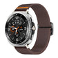 Elastic nylon watch band in dark brown with orange accent, shown on a silver smartwatch.
