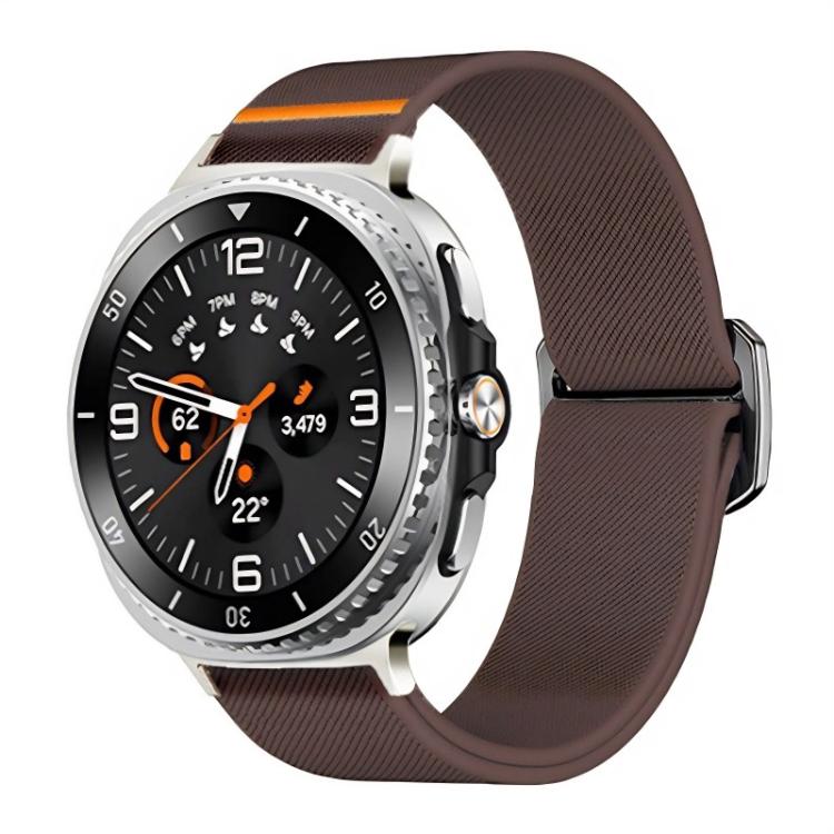 Elastic nylon watch band in dark brown with orange accent, shown on a silver smartwatch.