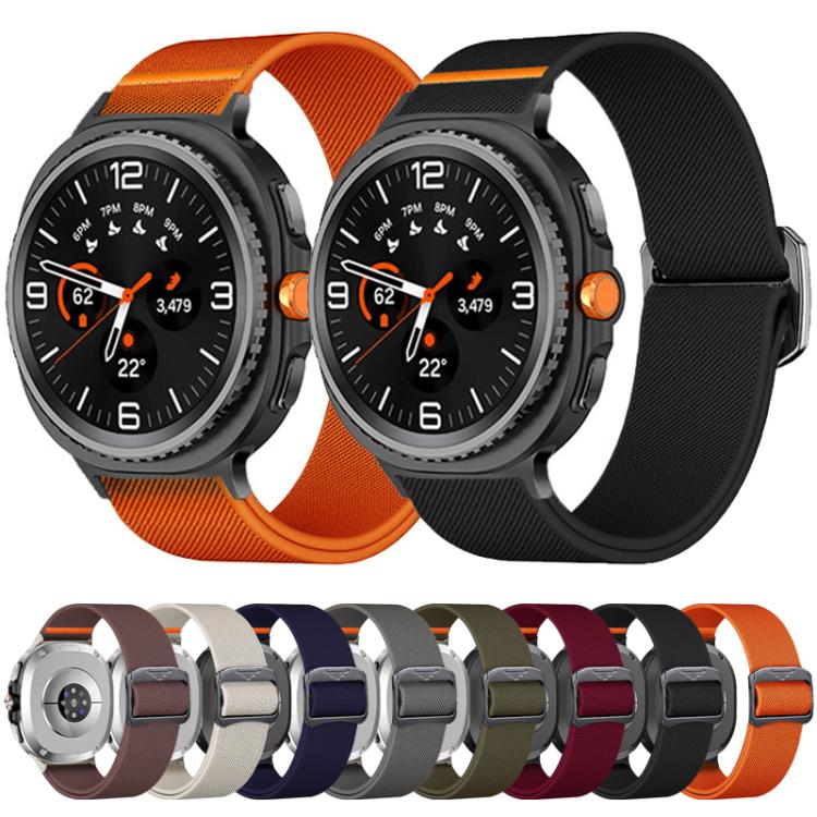 Elastic nylon watch bands in orange and black, with other colors shown below.