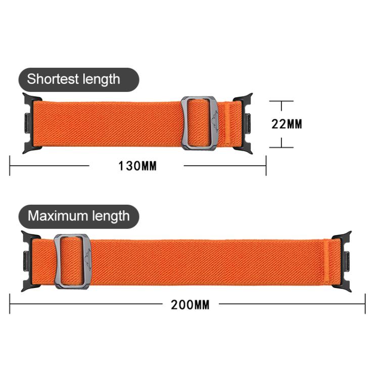 Orange elastic nylon watch band with adjustable buckle, shown at 130 mm and 200 mm lengths.