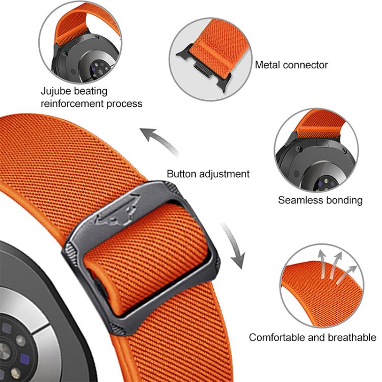 Close-up of orange elastic nylon watch band with metal connector and adjustable buckle.