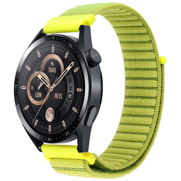 xDfind lime green ribbed nylon watch band with hook-and-loop closure on a black watch