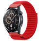 xDfind red ribbed nylon watch band with hook-and-loop closure on a black watch