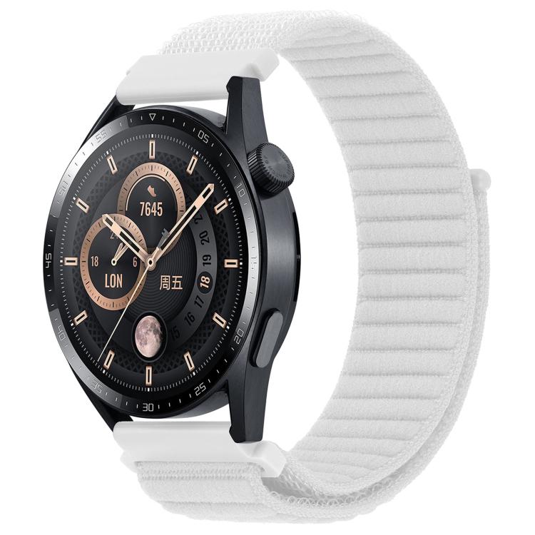 White xDfind ribbed nylon hook-and-loop watch band on a black watch