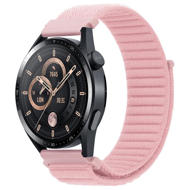 Pink xDfind ribbed nylon hook-and-loop watch band on a black watch