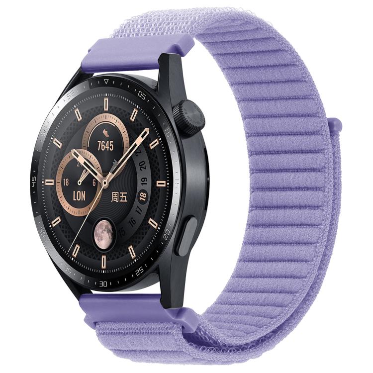Light purple xDfind ribbed nylon hook-and-loop watch band on a black watch