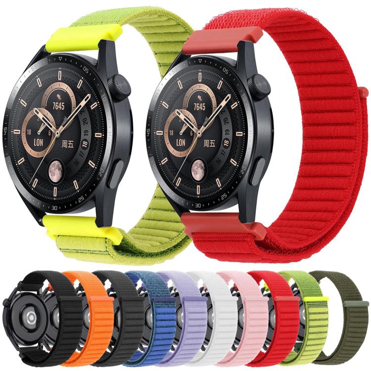 xDfind nylon hook-and-loop watch bands in assorted colors, shown on watches and as loose straps