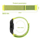 Green xDfind nylon watch band shown flat with measurements and wrapped around a watch