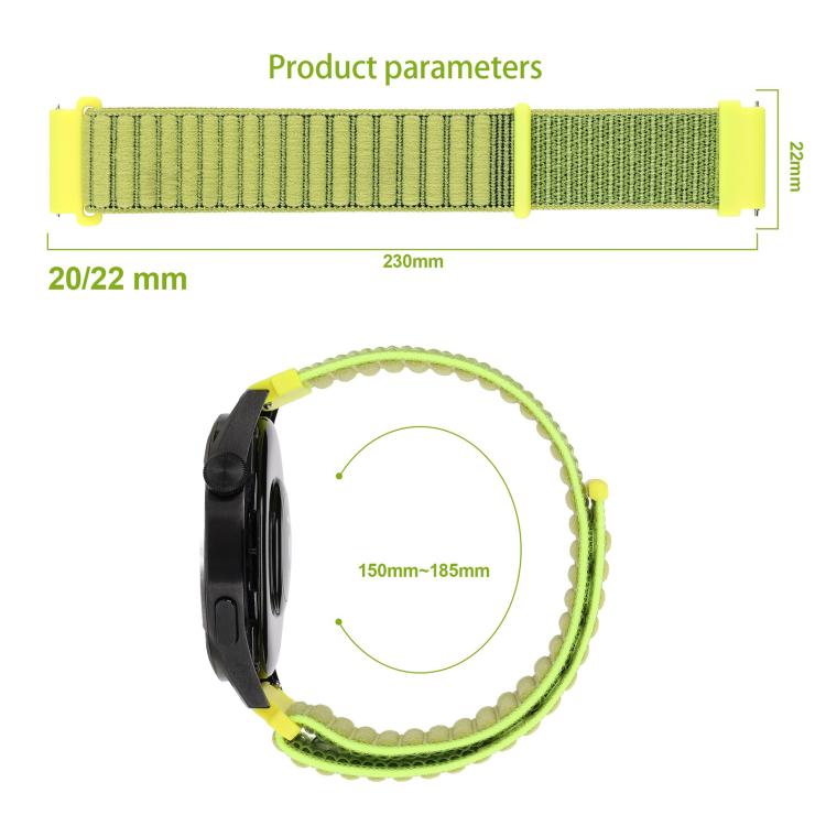 Green xDfind nylon watch band shown flat with measurements and wrapped around a watch