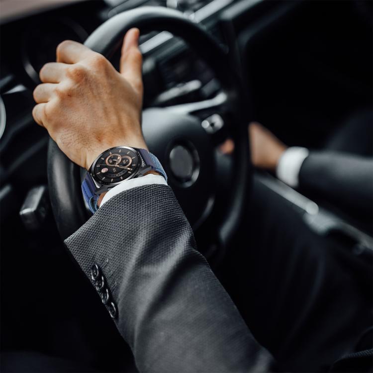 Blue xDfind nylon watch band worn on the wrist