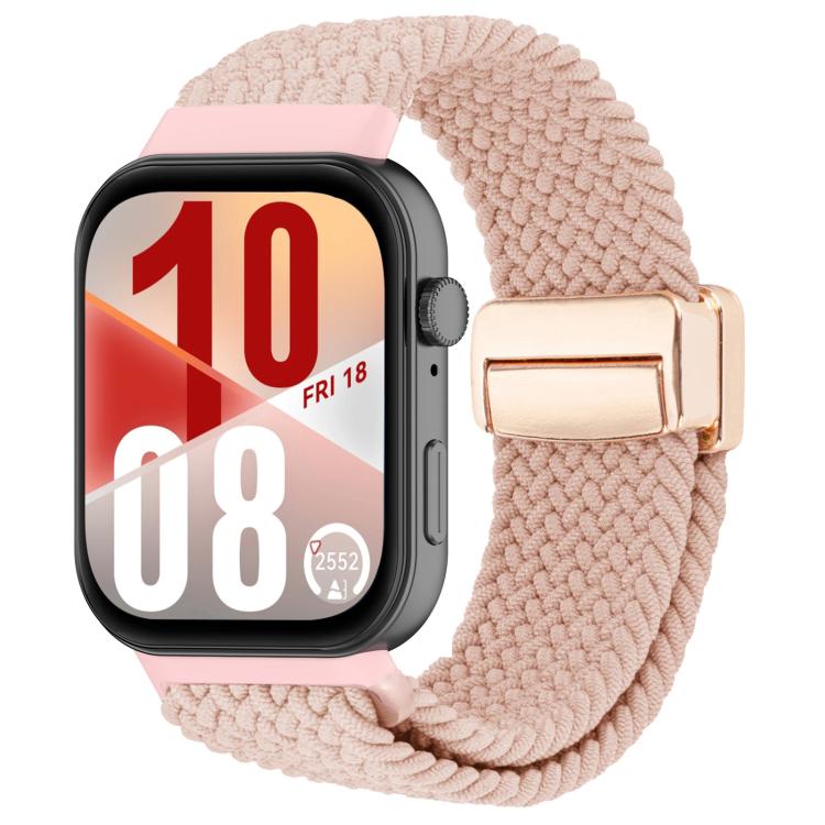 Blush pink woven magnetic watch band with a rose-gold-tone clasp