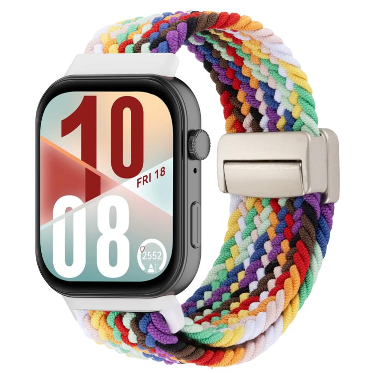 Rainbow woven magnetic watch band with a silver-tone clasp