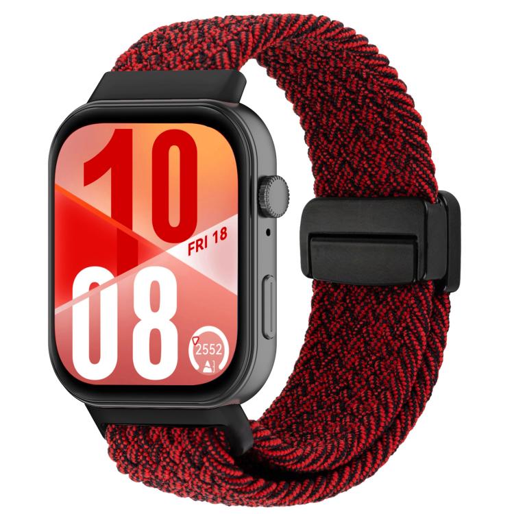 Black and red woven magnetic watch band with a black clasp