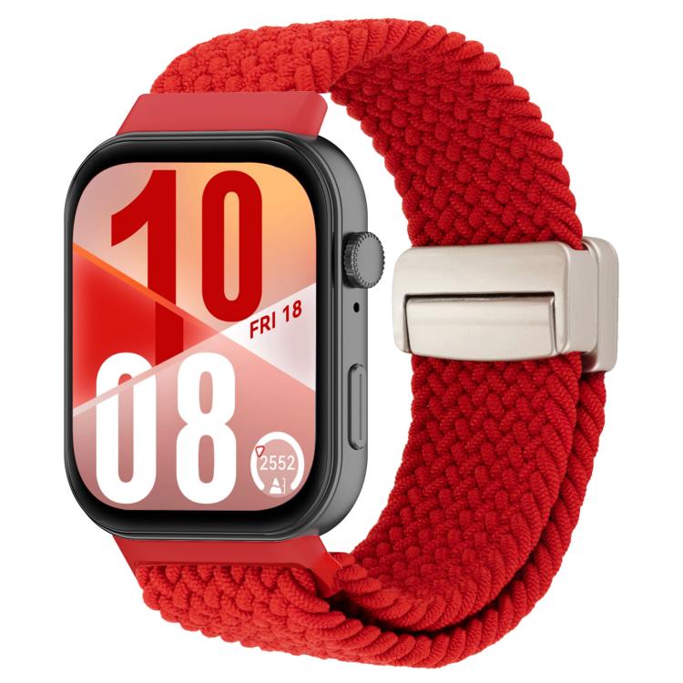 Red woven magnetic watch band with a silver-tone clasp