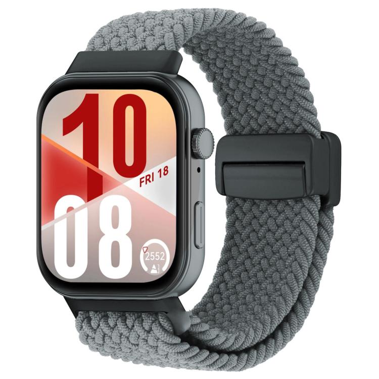 Gray woven magnetic watch band with a black clasp