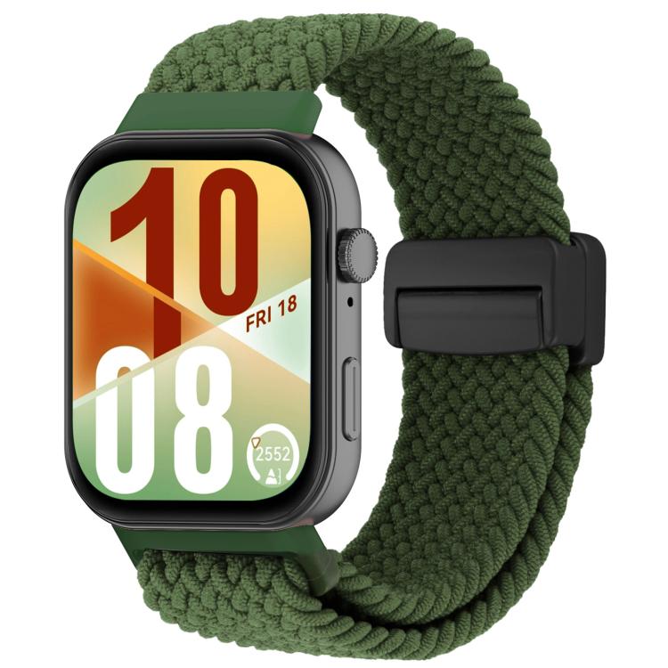 Green woven magnetic loop watch band with black watch case