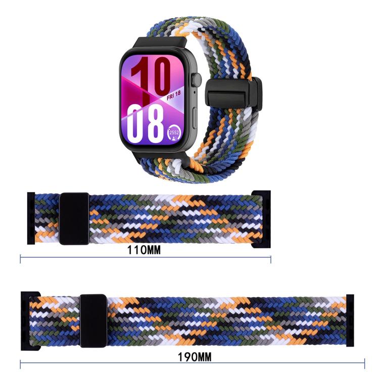 Multicolor woven magnetic watch band shown fitted and in two lengths, 110 mm and 190 mm