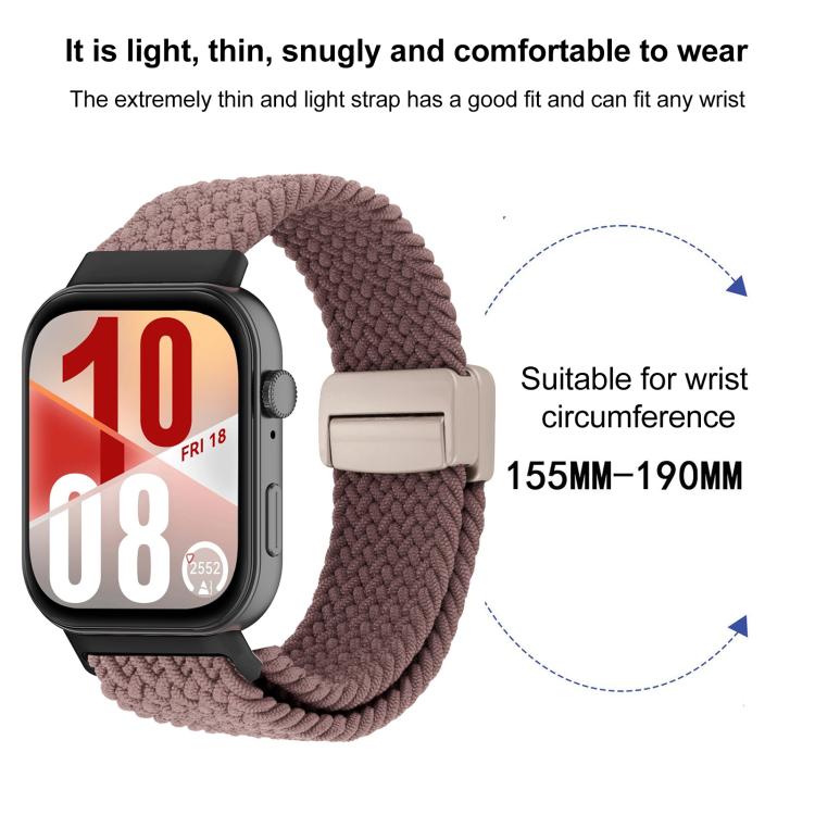 Mauve woven magnetic watch band shown on a watch, adjustable for 155–190 mm wrists