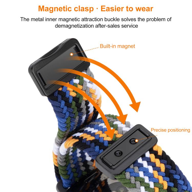 Multicolor woven watch band with close-up view of its magnetic clasp and positioning details
